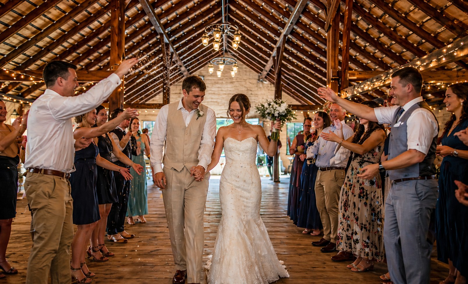 Bride and groom walking through cheering guests in The RED House barn